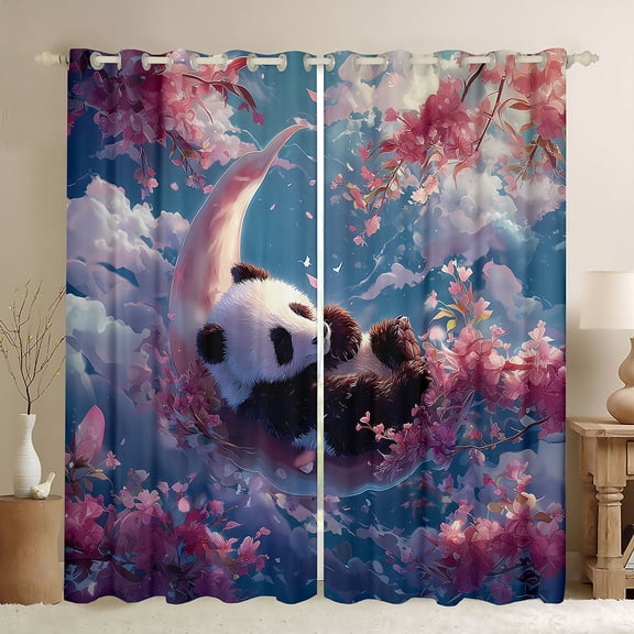 Homewish 3D Kawaii Panda Black Out Curtains for Teens, Pink Cherry Blossoms Curtains Pack of 2 (42x63 Each), Dreamy Sky Moon Bedroom Curtains, Blackout Curtains Bedroom Decor