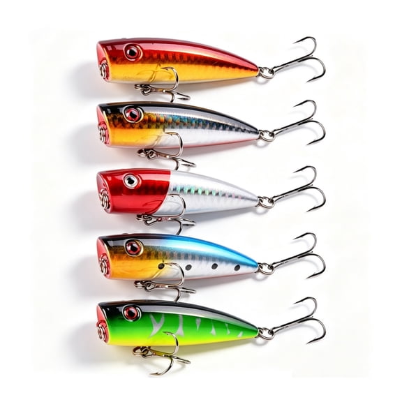 5Pcs Topwater Popper Fishing Lures, Lifelike 3D Eyes Hard Bait with Sharp Treble Hooks, Colorful Simulation Scale Bass Trout Walleye Baits, Freshwater Saltwater Shallow Water Fishing Tackle