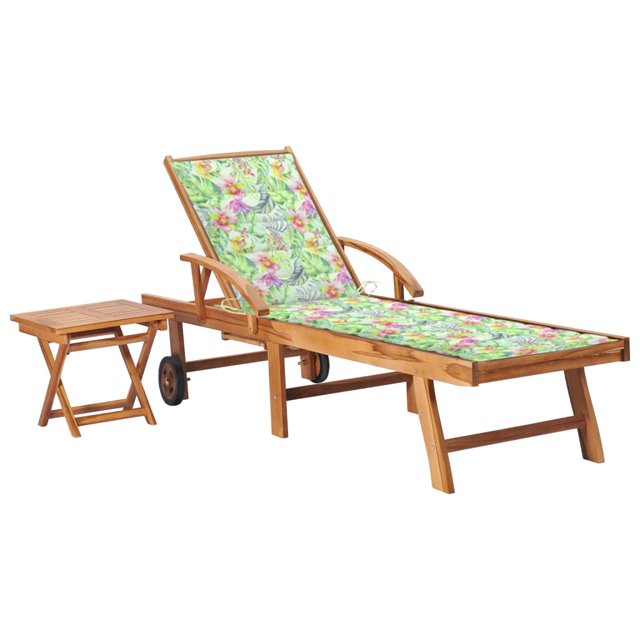 vidaXL Sun Lounger with Table and Cushion Solid Teak Wood