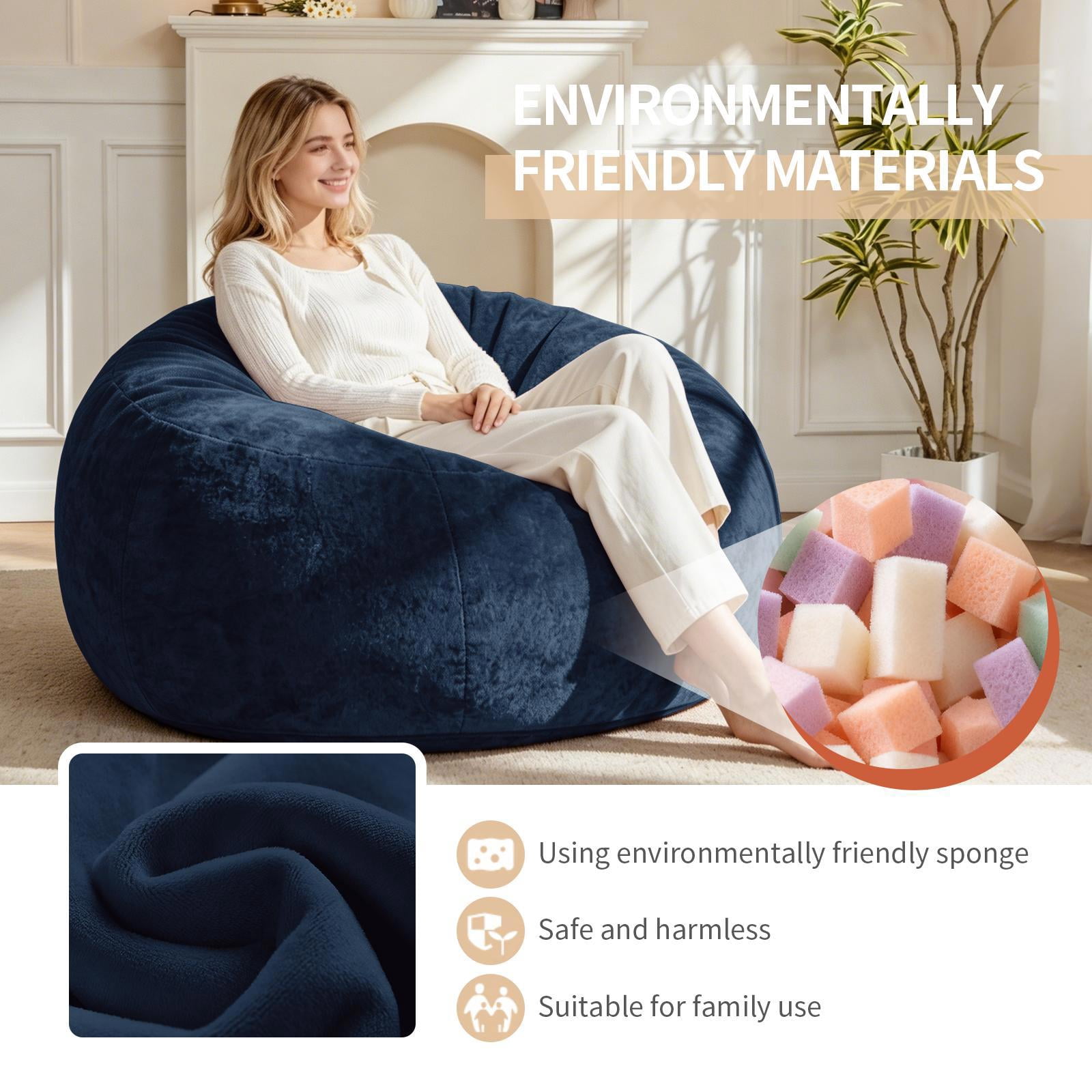 Hommoo 4FT Bean Bag Chair, Memory Foam Filling Soft Sofa with Flannel Cover, Round Sofa for Living Room, Bedroom, College Dorm, Blue