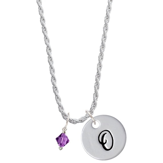Delight Jewelry February - Purple Crystal Bicone Silvertone Script Initial Disc - O - Charm Necklace, 20"+3"
