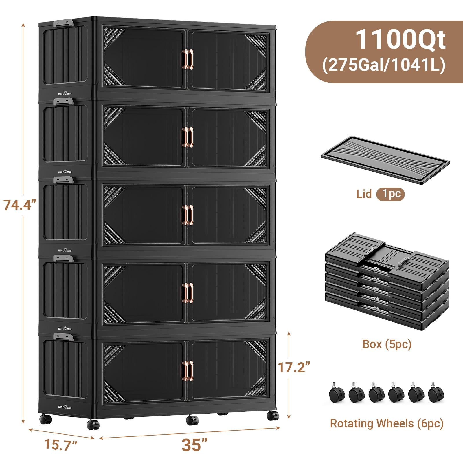 Broview 1100QT Plastic Stackable Storage Bins with Lid, Extra Large Folding Closet Organizers, Storage Drawers with 6x Wheels, Collapsible Cabinets for Closet Clothes Organization, 5Pack Black, V60