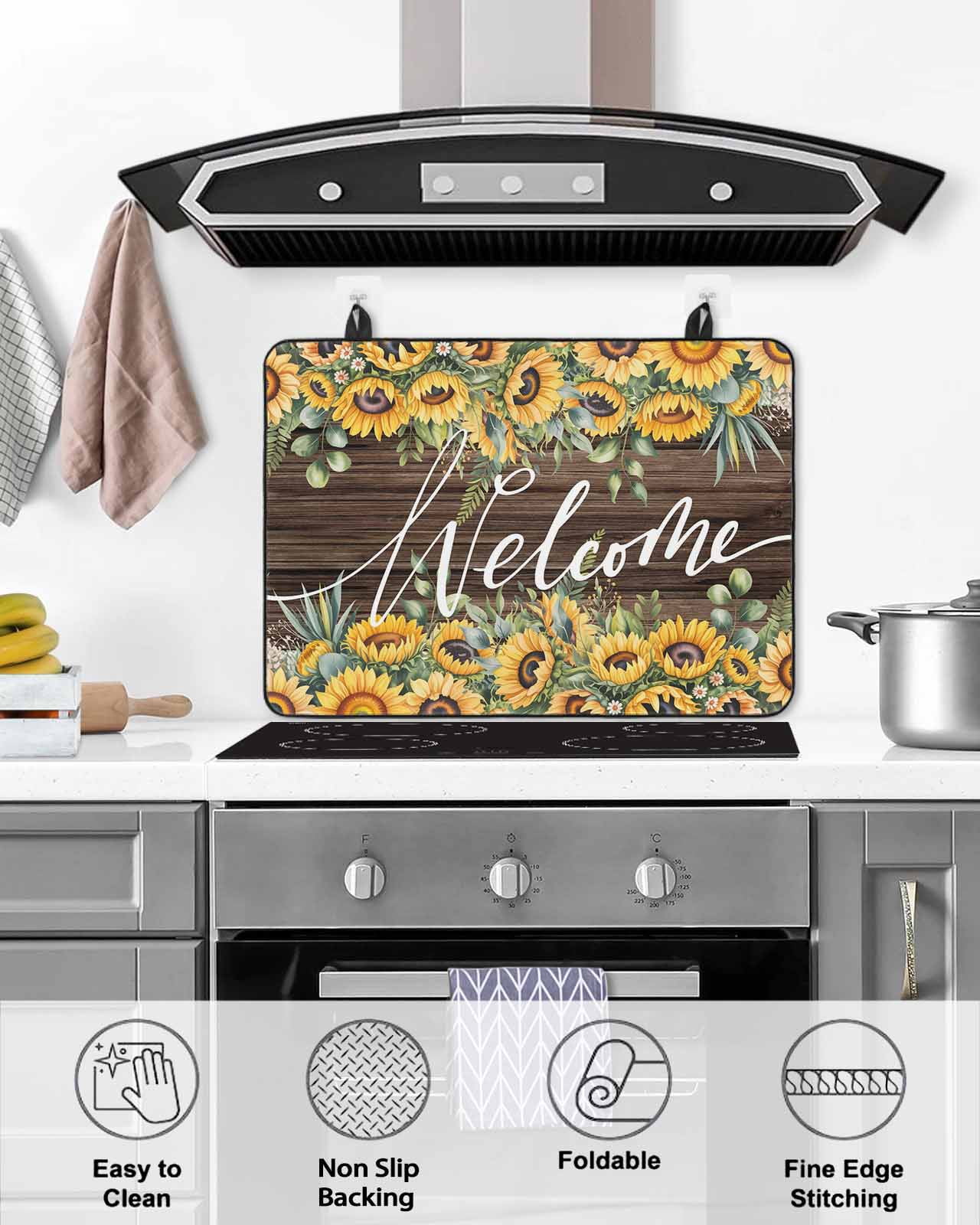 Large Induction Cooktop Protector Mat Sunflower Stove Top Covers for Electric Stove, Yellow Summer Botanical Wooden Farmhouse Decorative Stove Burner Cover Mats, Glass Top Stove Cover