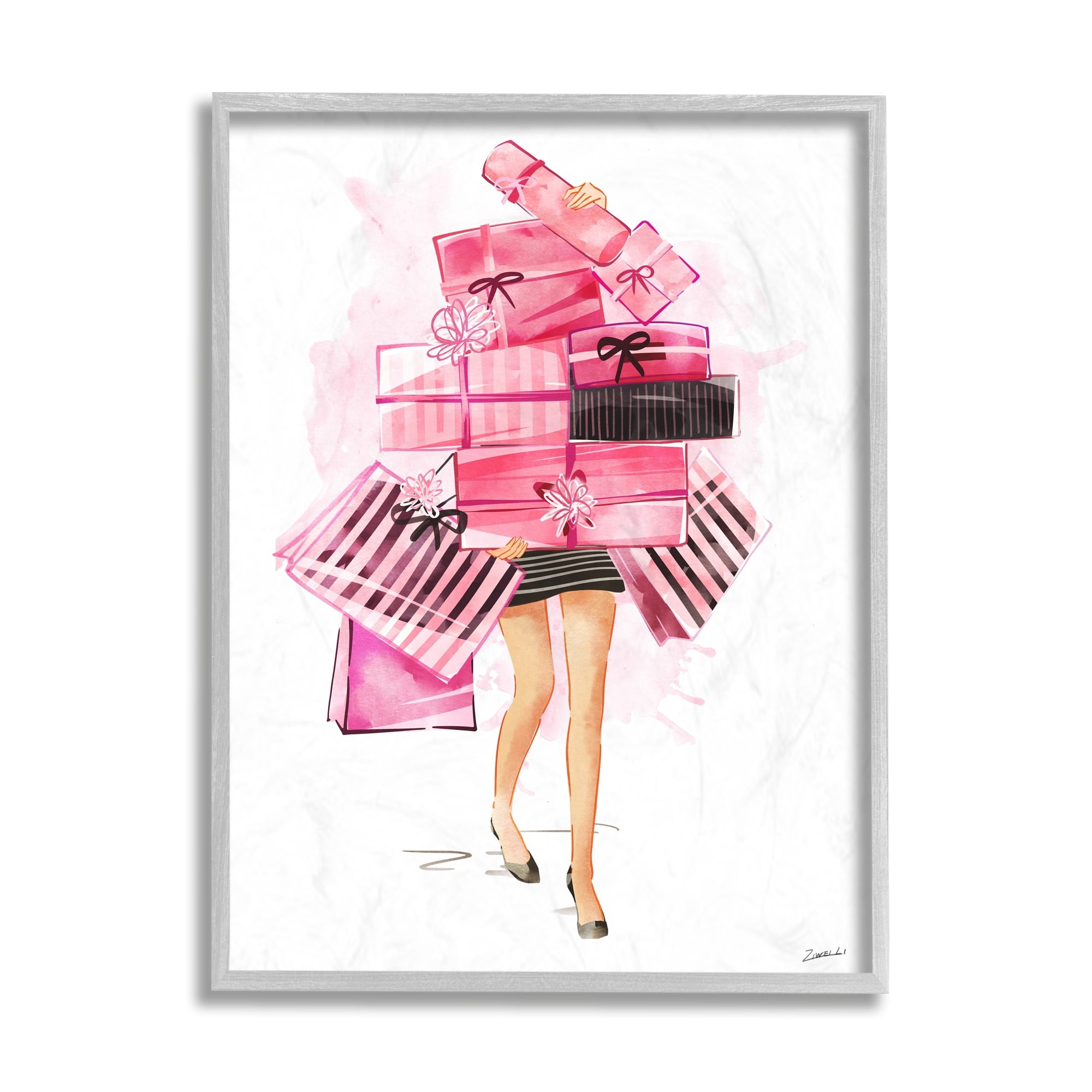 Stupell Industries Pink Glam Gift Stack Fashionista Shopping Pose Beauty & Fashion Painting Gray Framed Art Print Wall Art, 11 x 14