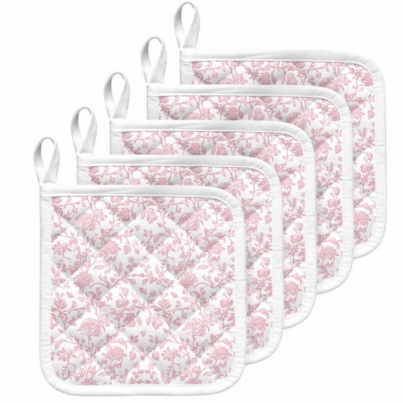 Pink Flower Pot Holders for Kitchen Heatproof Potholder, 5 Pack Vintage Farmhouse Boho Leaf Spring Solid Hot Pads Multipurpose Oven Pads Cloth Potholders Trivet for Cooking Baking