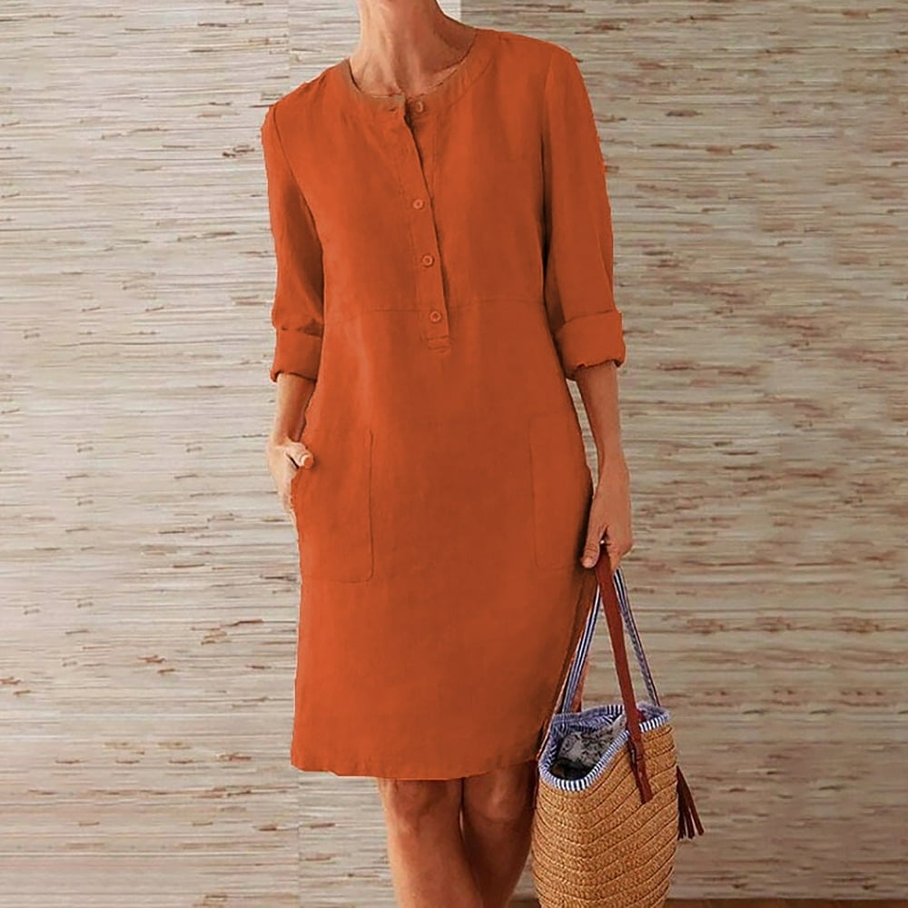 Cotton Linen Dress for Women Half Sleeve Solid Dresses O-Neck