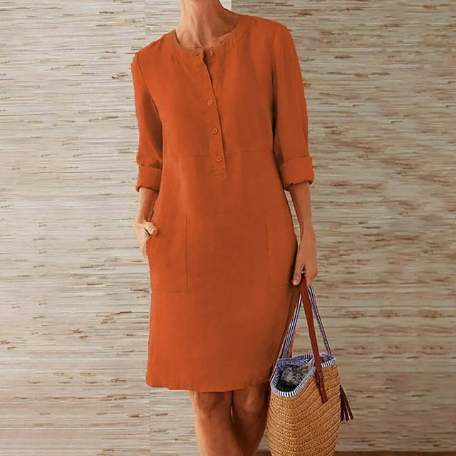 Robe en Lin de Coton pour Femmes Manches Mi-Longues Robe Unie Col Rond Décontractée Robe de Soirée Tenue de Détente