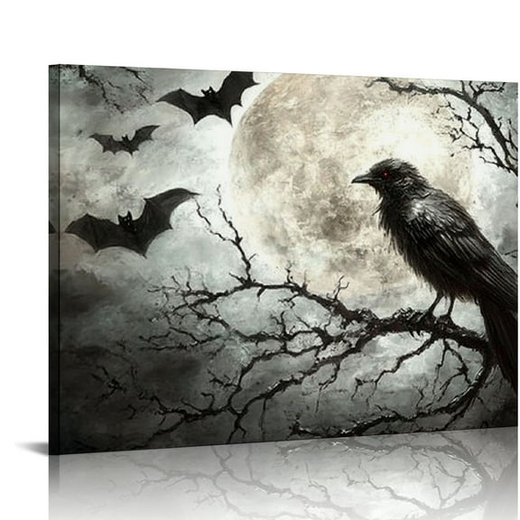 BCIIG Crow Canvas Wall Art Gothic Black Bird on Branch Painting Pictures Spooky Forest Full Moon Artwork 20x16in