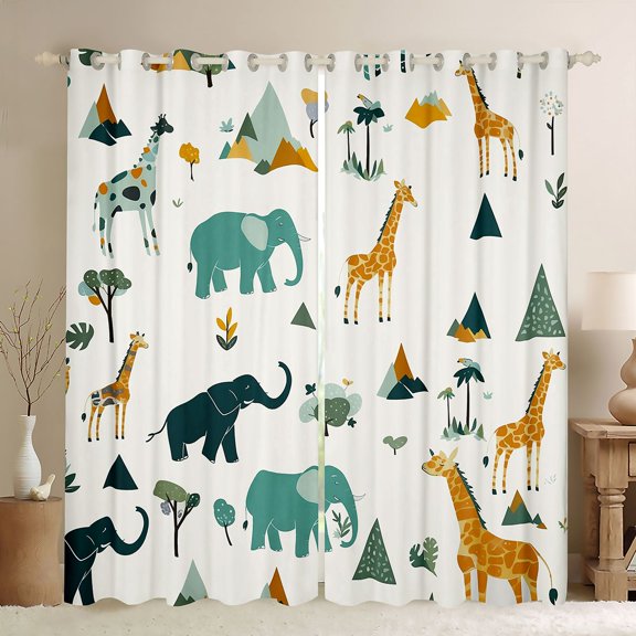 Castle Fairy Cartoon Elephants Giraffe Curtains Pack of 2 (42x84 Each) for Boys Girls,Cute Animal Curtains Blackout,Kawaii Jungle Wildlife Bedroom Curtains,Breathable Home Decor