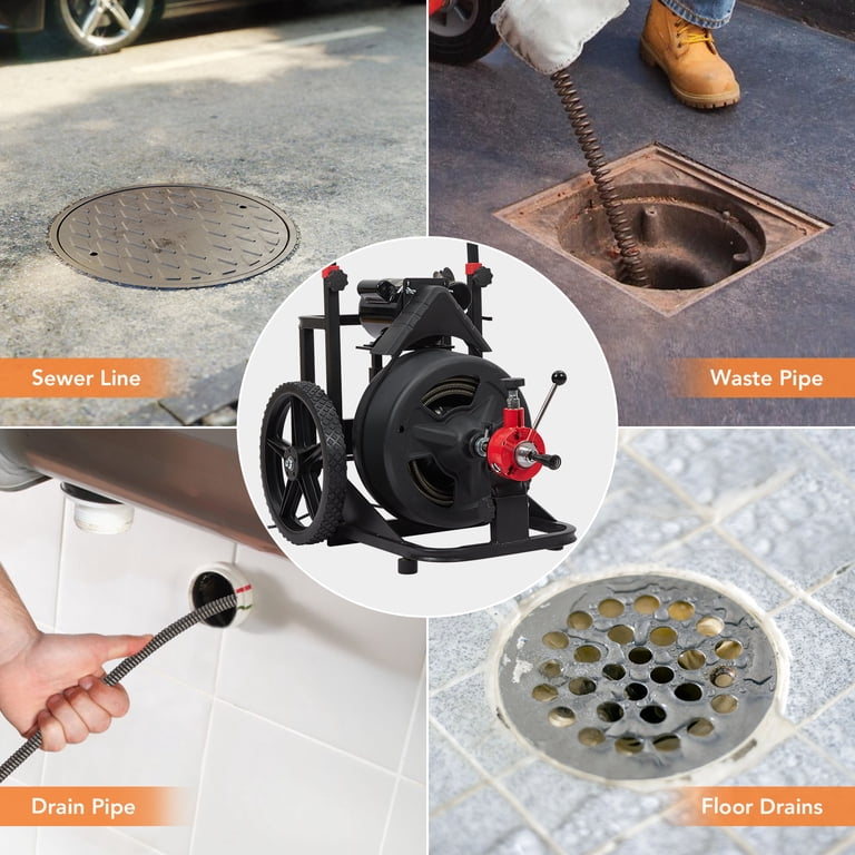 PIONEERWORKS Electric Drain Cleaner Machine – 100Ft Auto-Feed, 6 Cutters, For 1\" To 4\" Pipes
