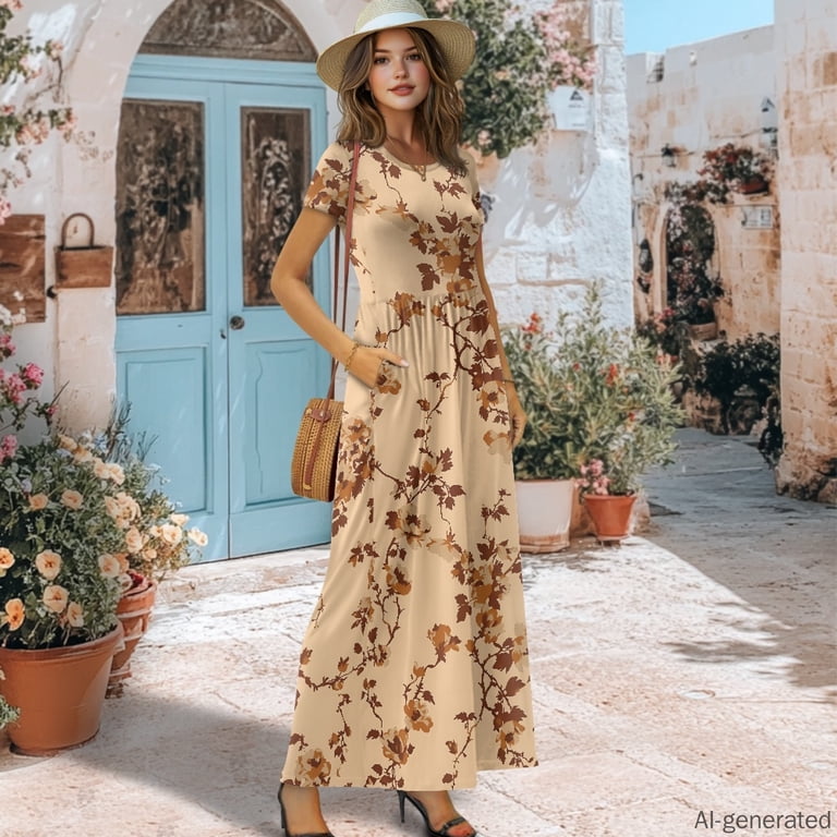 quick dry dress for beach Uourmeti Autumn Vine Bloom Polyester and Spandex Short Sleeve Maxi with Skin-Friendly, Breathable Women Short Sleeve Maxi Dress Daily Rental Duration:4 days