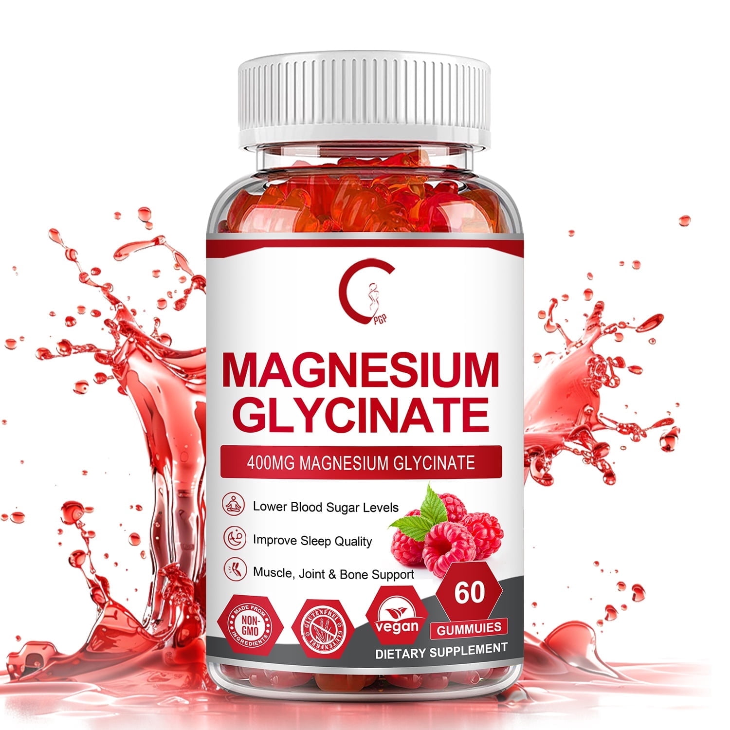 GPGP Magnesium Glycinate Gummies 400mg - Magnesium Potassium Supplement with Vitamin D, B6, CoQ10 for Relax, Sleep & Heart Health - 60 Raspberry Gummies
