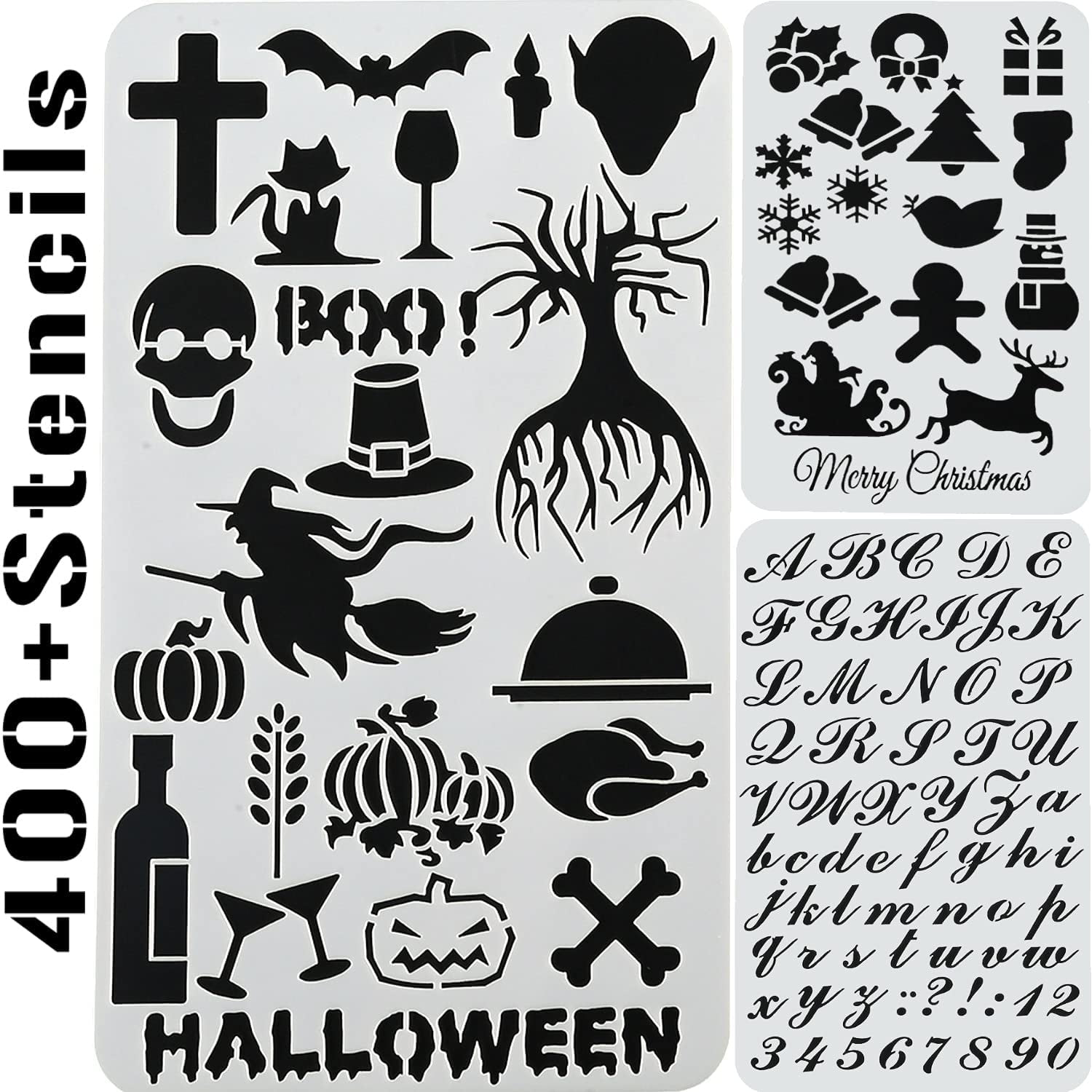 Mosaiz Stencils, 20 Pcs Drawing Stencils with Letter Stencils, Number, Themes for Christmas, Halloween, Birthday, Wedding, Bullet Journal Stencils for Painting on Wood, Canvas, Walls, Fabric, 4x7 inch