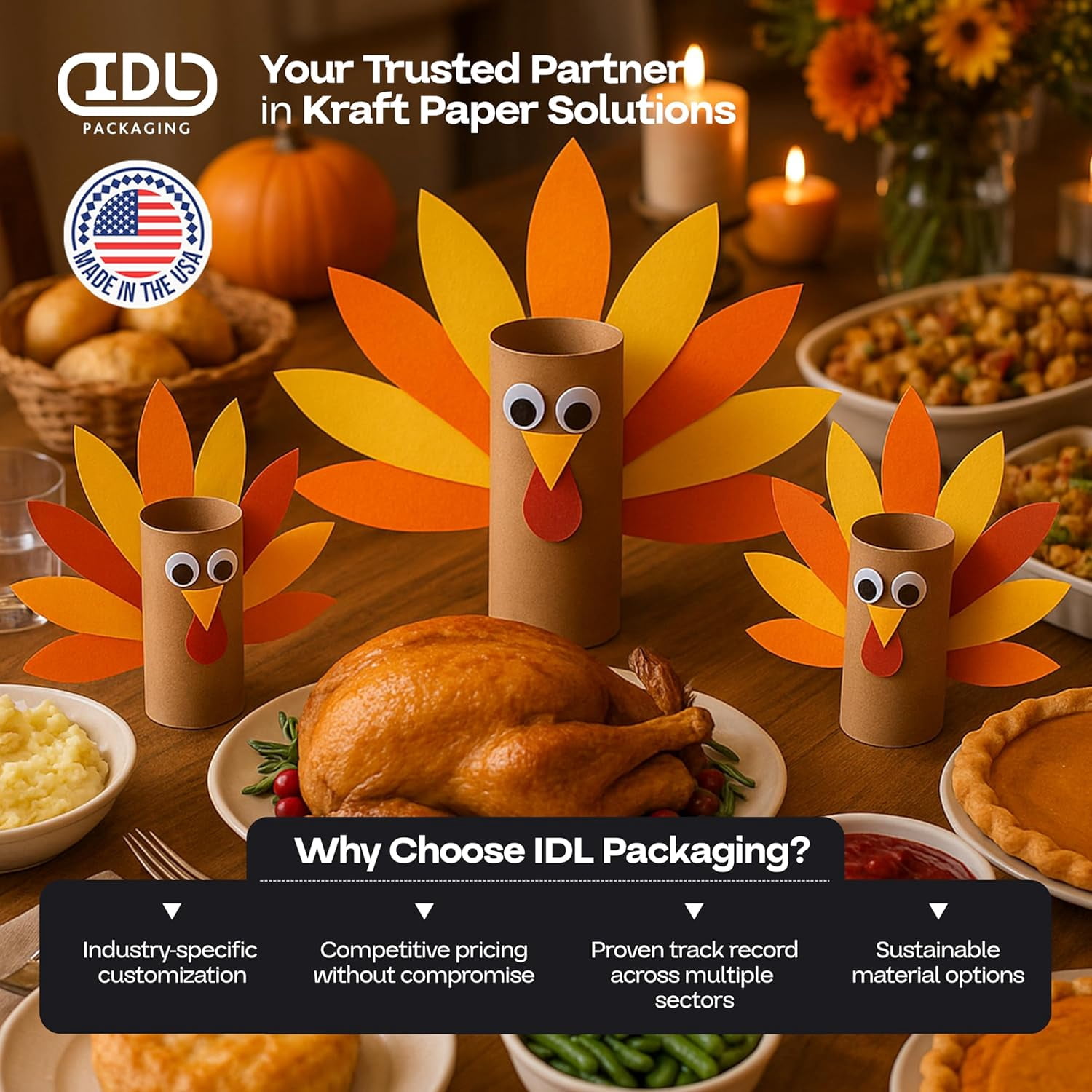 IDL Packaging Thanksgiving Day Cozy Autumn Kraft Paper Set, 3 Rolls (12"x1200", 100 ft Each) – USA-Made Festive Gift Wrapping Rolls