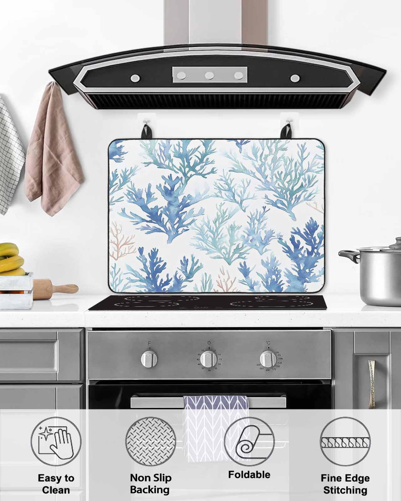 nqOlkjepod Large Induction Cooktop Protector Mat 36"x21", Blue Coral Coastal Stove Top Covers for Electric Stove, Watercolor Summer Beach Coral Stove Burner Cover Mats, Glass Top Stove Cover