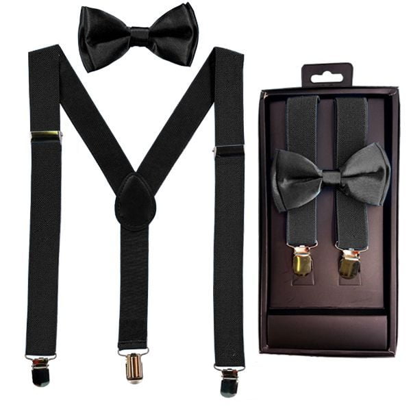 New Suspender Black BowTie Matching Collar Band Suspender & Bow Tie Set Wedding 