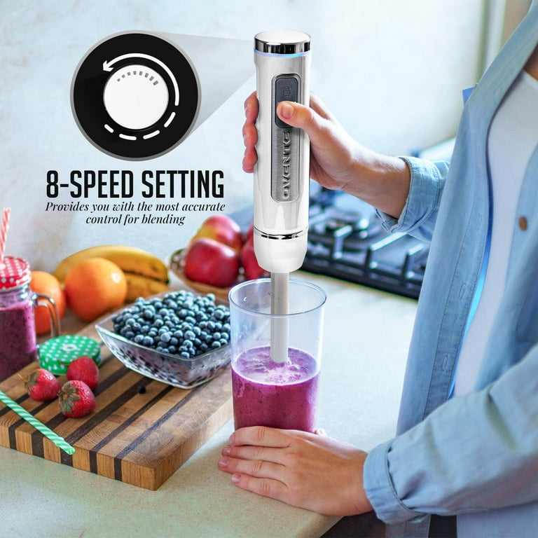 Ovente Electric Cordless Immersion Hand Blender 8-Mixing Speed, Stainless Steel Blades, White Hr781w