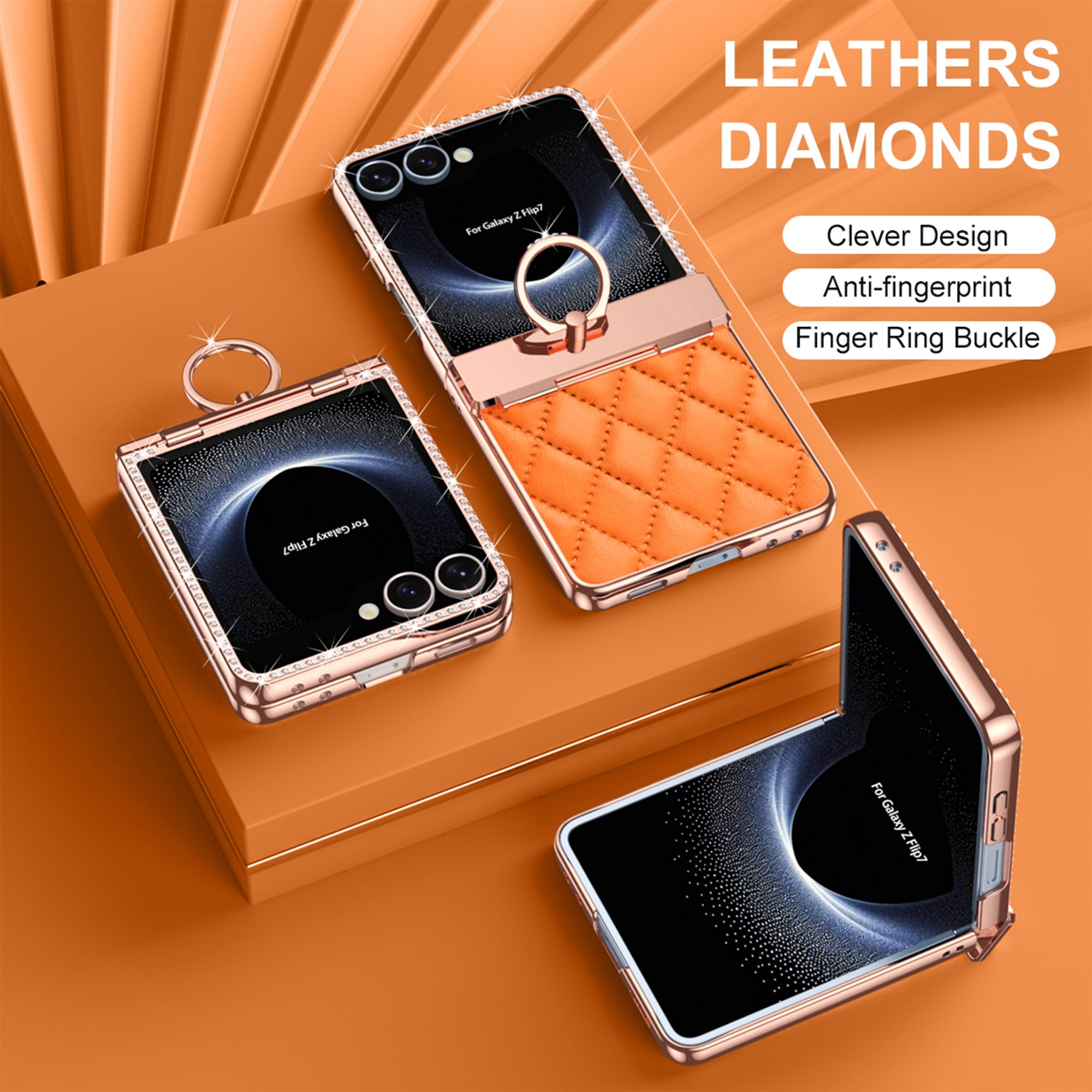 Dteck Diamond Case for Samsung Galaxy Z Flip 7 with Hinge Protection and Ring Holder, Luxury Sparkly Plating Shockproof Phone Cover with Screen Protector for Galaxy Z Flip 7,Orange