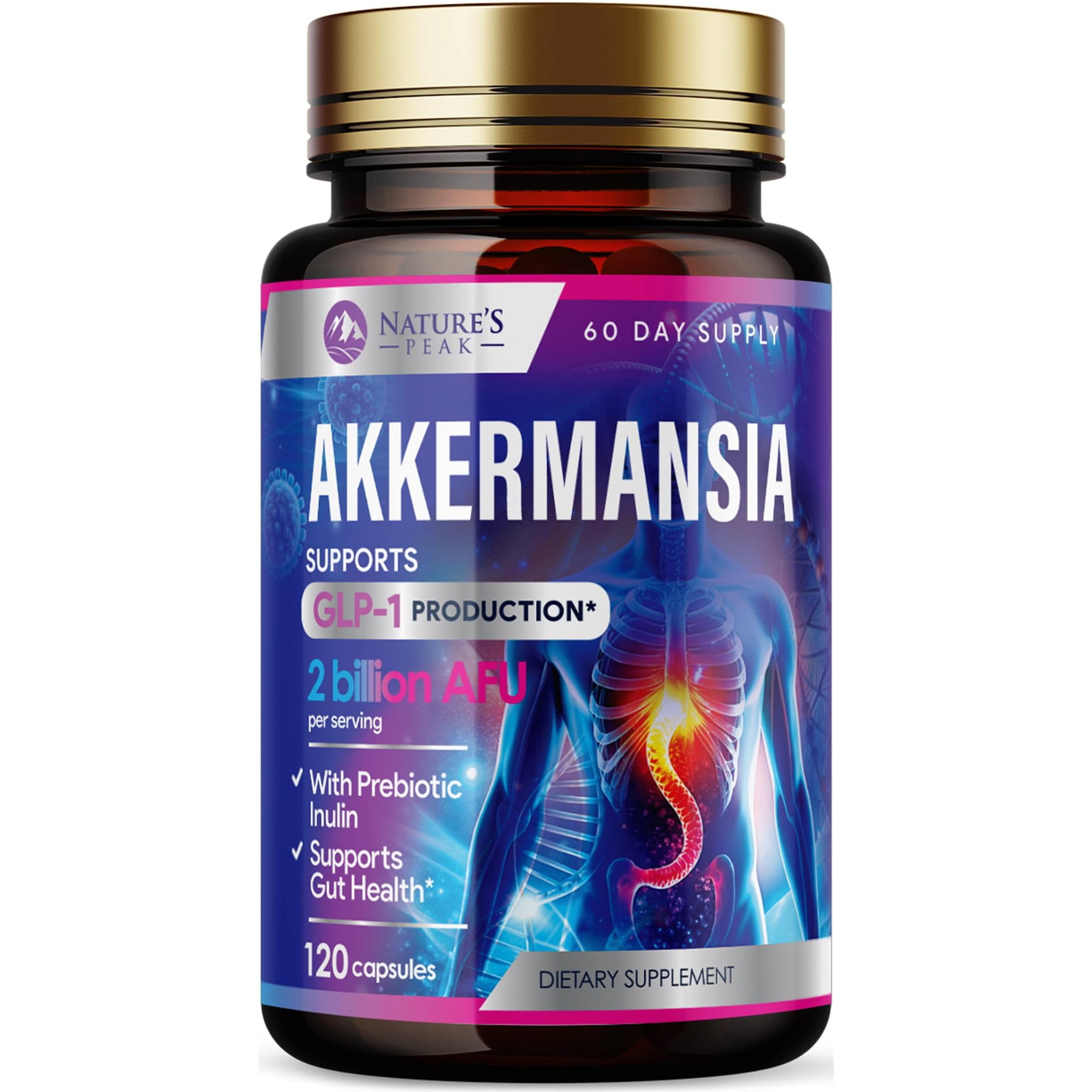 Akkermansia Gut Health Supplement 2 Billion AFU - Premium Akkermansia Probiotic With Prebiotic Fiber - Extra Strength Akkermansia Muciniphila GLP-1 Support for Women & Men, Bottled USA - 60 Capsules