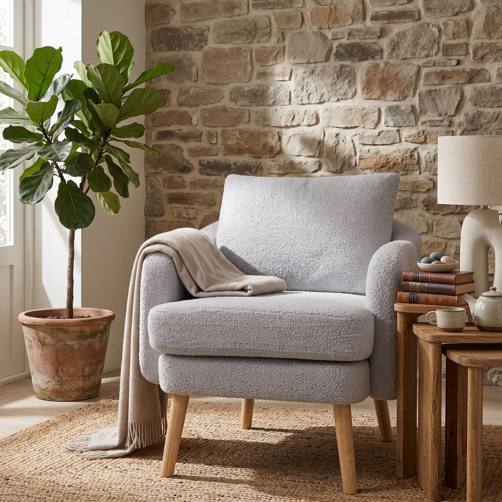 Furnibear Sherpa Accent Chair, Modern Upholstered Living Room Armchair with Seat Cushion and Lumbar Pillow, Solid Rubber Wood Legs, Cozy Single Sofa Chair for, Grey