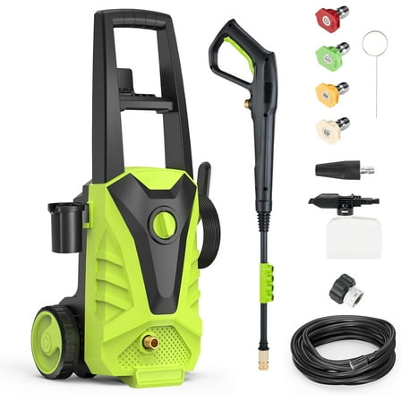 Pressure Washer, 2.0 GPM Electric Power Washer with 5 Quick Connect Nozzles, High Pressure Cleaning with Foam Cannon, for Fences Decks Patios, Home Cleaning, Green