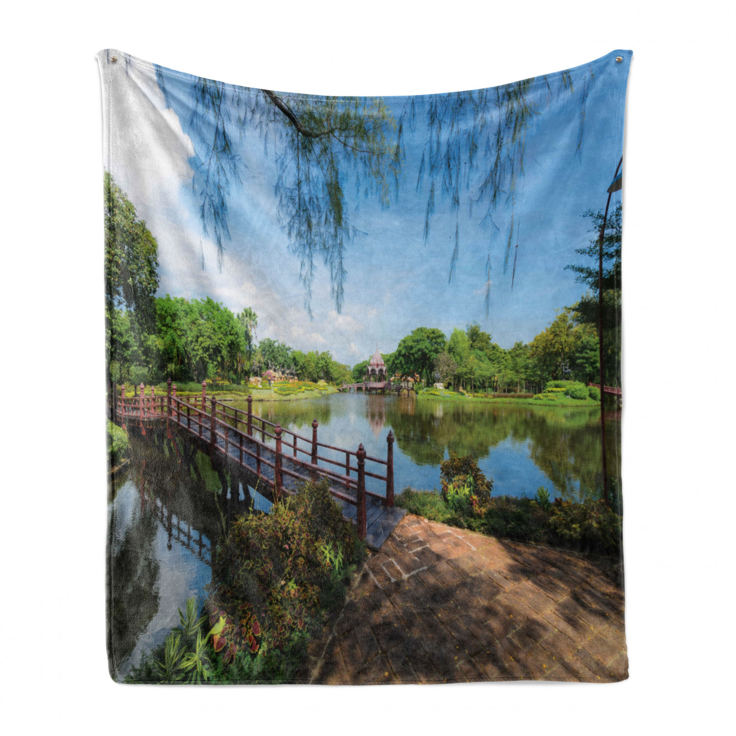 Wooden Bridge Soft Flannel Fleece Throw Blanket, Scenery of Lake and