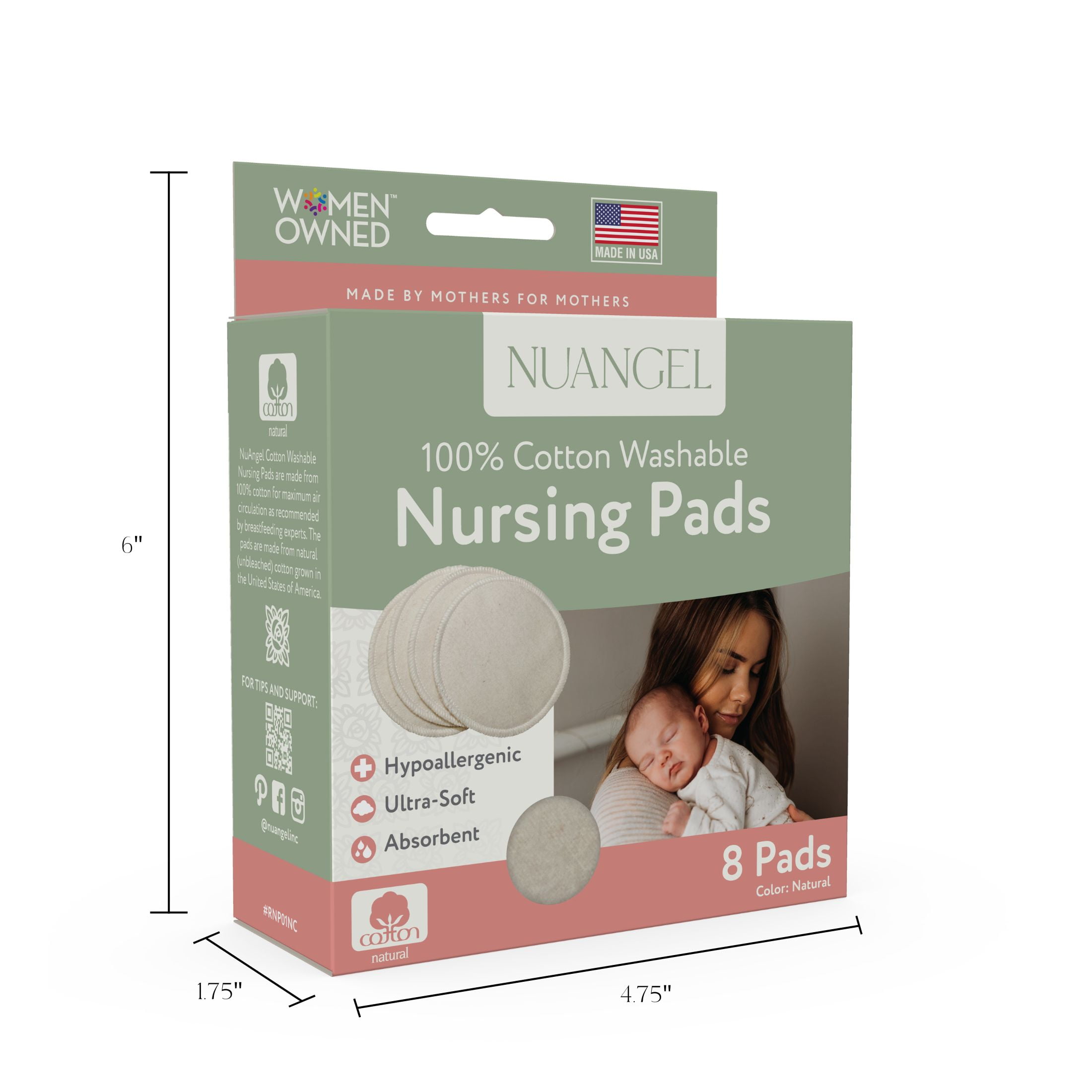NuAngel Cotton Washable Reusable Nursing Pads, Beige, 8 Count