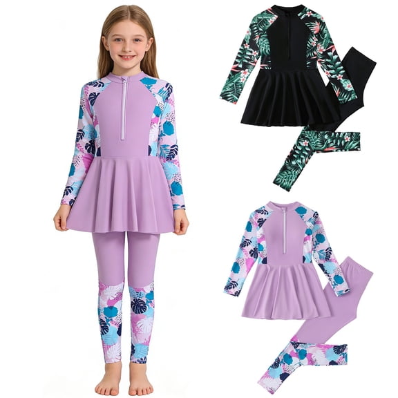 RTKFRFLM Big Girls 2-Piece Rash Guard Set Long Sleeve Swim Top & Long Pants UV Protection Bathing Suit for Kids