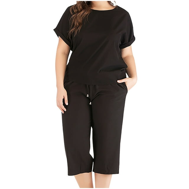 Ensembles Deux Pièces pour Femmes Ensembles de Vêtements d'Été pour Femmes Col Rond Manches Courtes Hauts Pantalons Ensembles Pantalons Style S_271 Survêtements pour Femmes Noir TTG