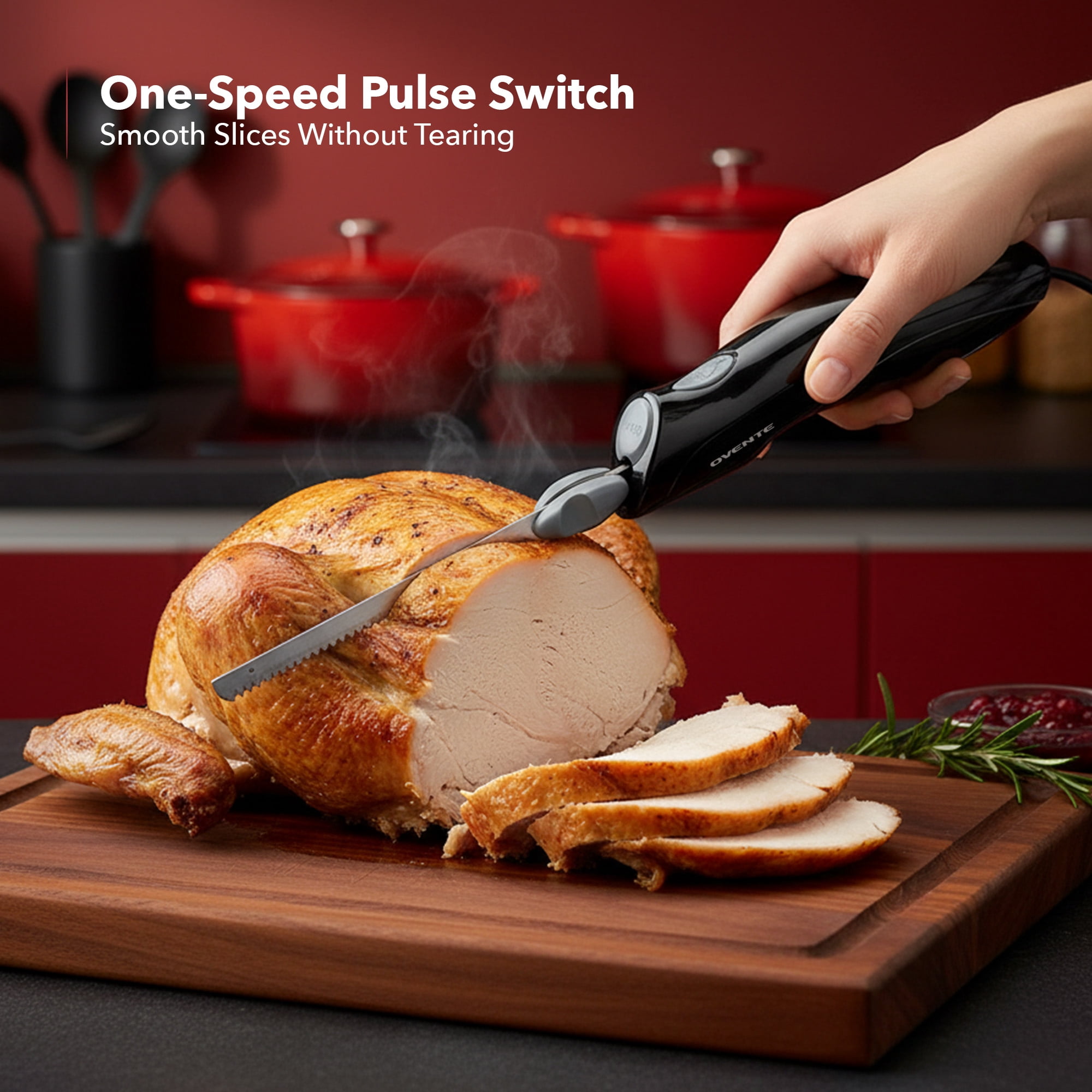 OVENTE Electric Knife Set with Two Serrated Stainless Steel Blades, Carving Fork, Storage Case, Safety Lock Button and Ergonomic Handle for Slicing Meat, Bread, Poultry, Fish and More, Black EK0813B