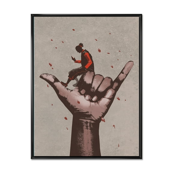 Designart 'Man Using Mobile Phone With Call Me Sign' Modern Framed Canvas Wall Art Print