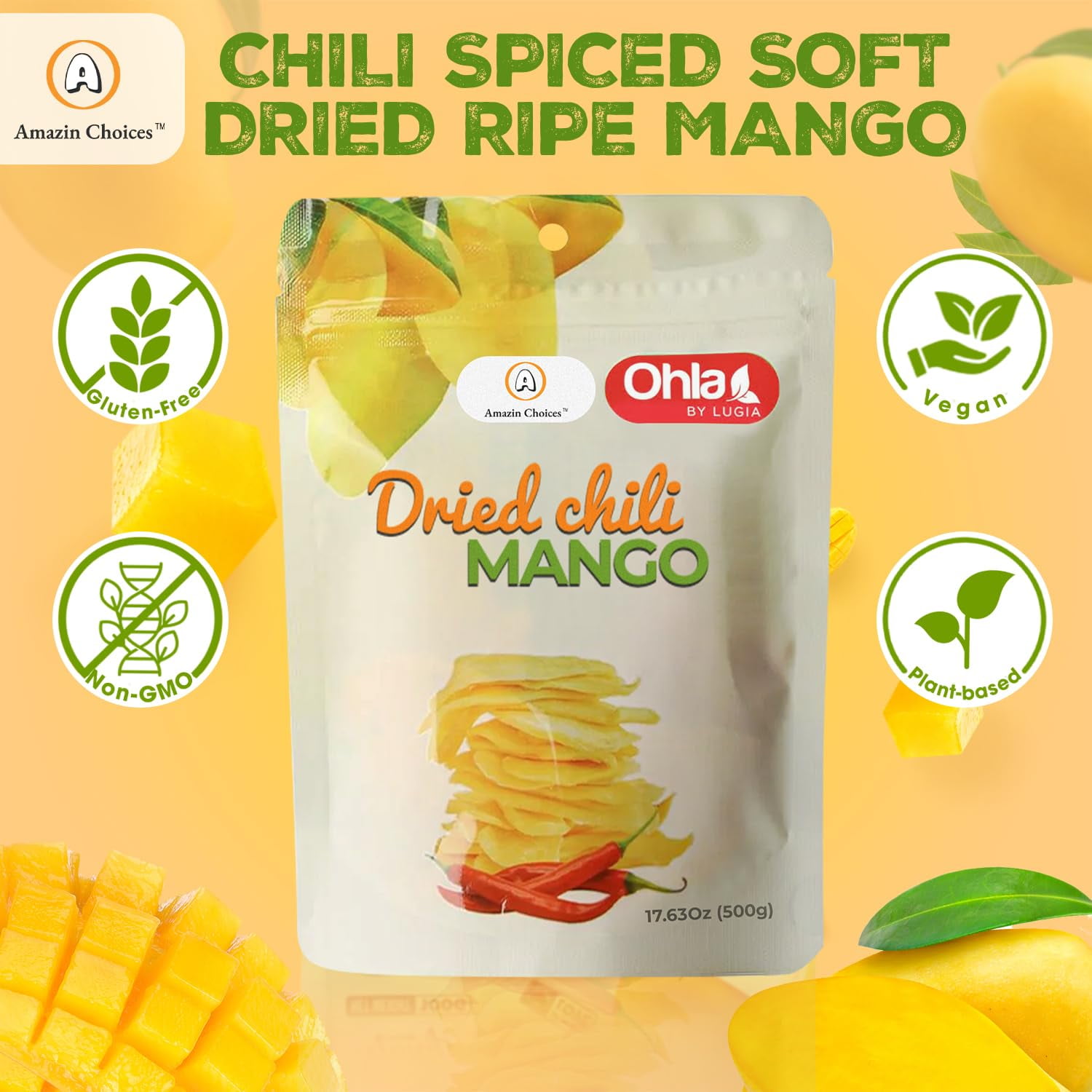 (3 pack) Amazin Choices Soft Dried Chili Mango Slices, Gluten Free, Vegan, 17.64 oz