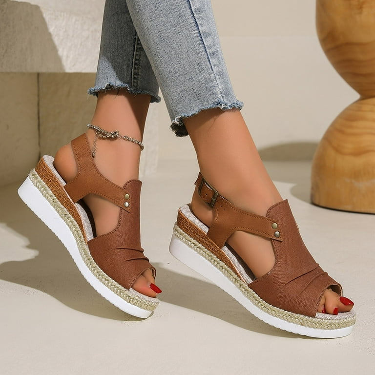 EHQJNJ Female Summer Wedges for Women Brown Women Shoes Wedge Thick Sole Sandals Fashionable Fish Mouth Breathable Bohemian Beach Sandals Summer