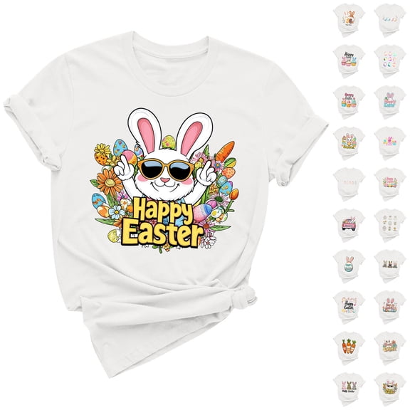 VBTAPA Womens Happy Easter Shirt Cute Bunny T-shirt Funny Holiday Graphic Tees Lightweight Crewneck Pullover Blouse Prime Sales Today White L