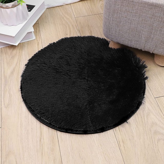 Black Round Rug Faux Fur Sheepskin Area Rugs Fluffy Plush Carpet Washable Shaggy Mat for Dorm Preppy Room Decor, 1.3 ft