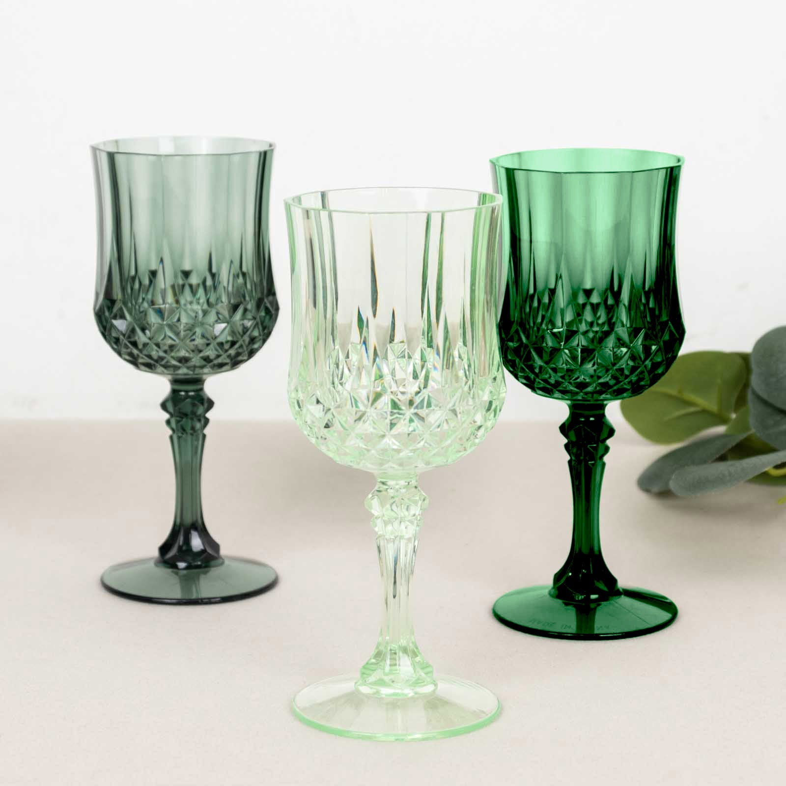 Efavormart 12 Pack Assorted Green Crystal Cut Reusable Plastic Wine Glasses, Shatterproof Cocktail Goblets 8oz