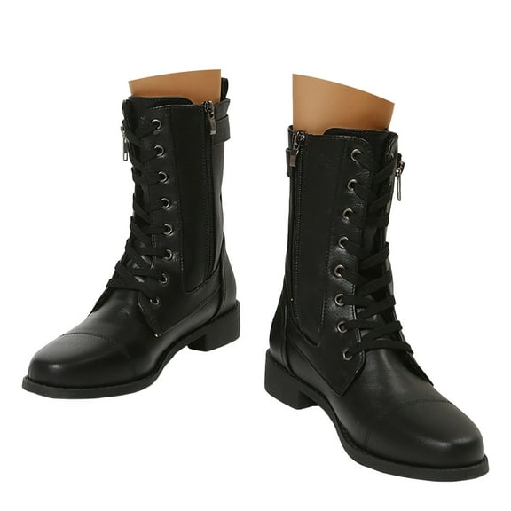 Mepaouo Ankle Combat Boots for Women Flat Lace up Booties Round Toe Low Heel Military Dressy Shoes