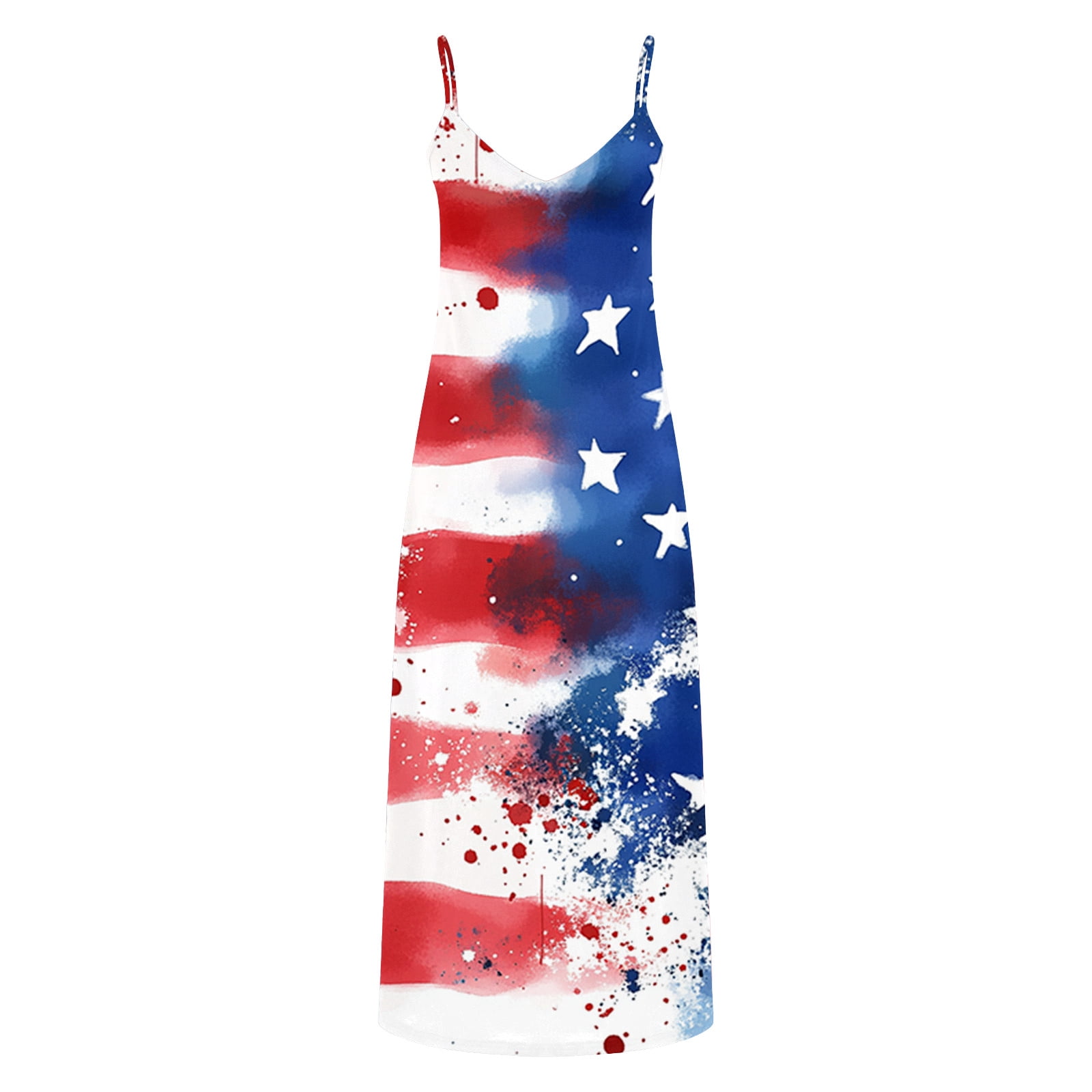 Plus Size Women 4th of July Sleeveless Dress Patriotic V Neck Maxi Dresses Spaghetti Strap Beach Long Dresses