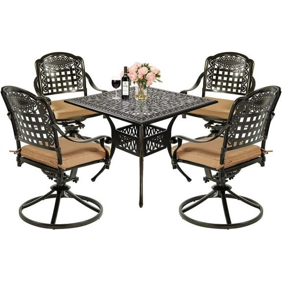MEETWARM 5-Piece Outdoor Patio Dining Set, All-Weather Cast Aluminum Patio Conversation Set with 4 Cushions Swivel Rocker Chairs for Backyard Garden Deck and 35.4" Square Table, 2.2" Umbrella Hole