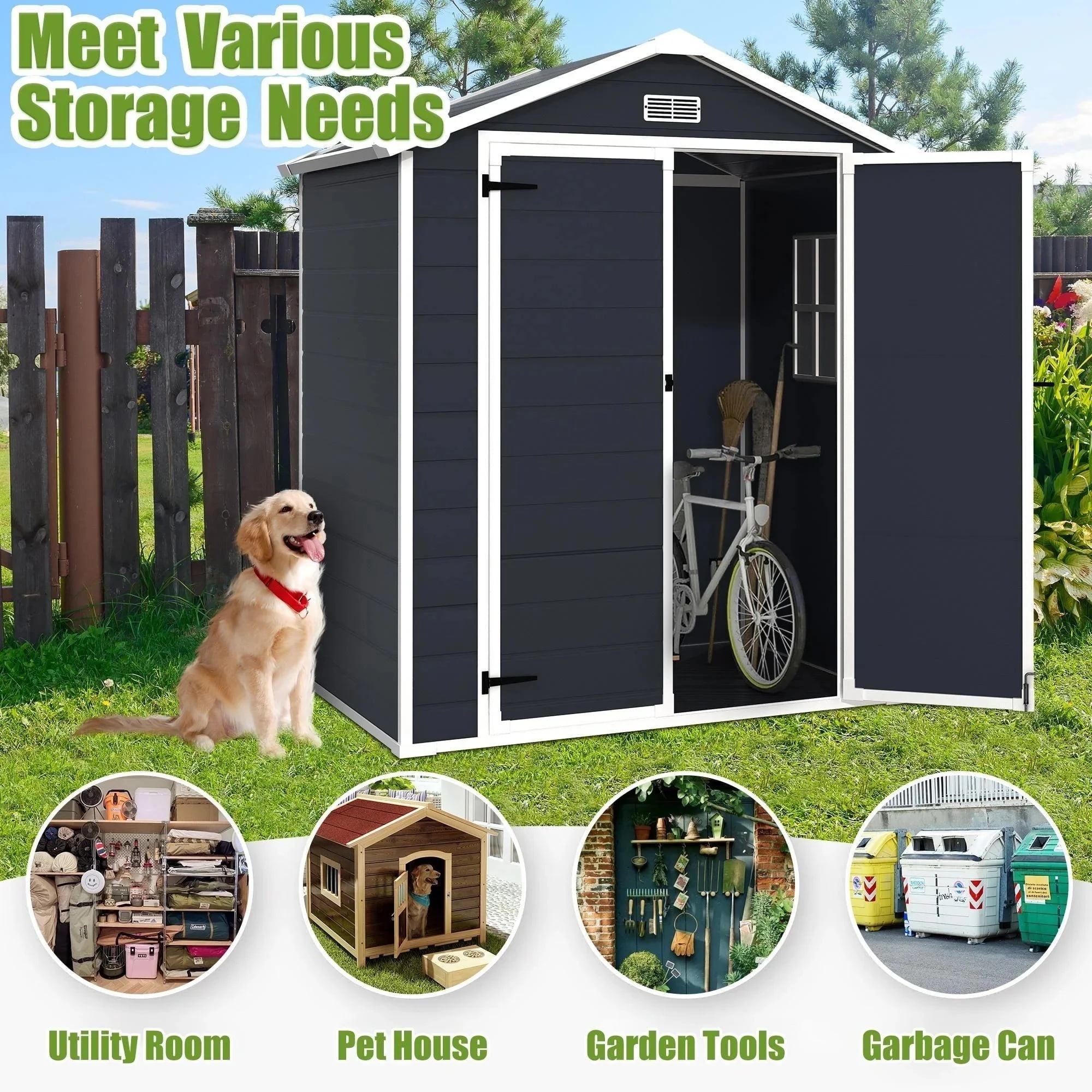 6x4 FT Resin Storage Shed, SESSLIFE Backyard Storage Sheds with Lockable Door, Garage Patio Garden Storage Shed, TE2770
