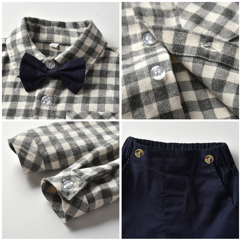 IDOPIP Toddler Kids Baby Boys Gentleman Outfit Striped Shirt with Bowtie + Long Suspender Pants Overalls Clothes Wedding Baptism Formal Suit