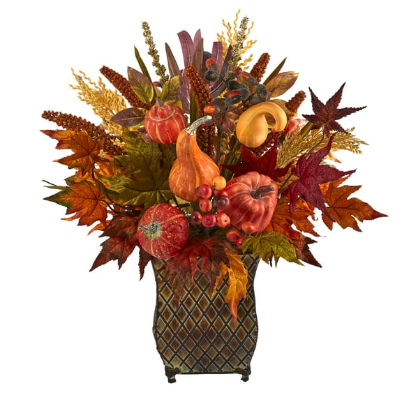 Nearly Natural 21" Pumpkin, Maple Leaf and Sorghum Harvest Artificial Flower Arrangement in Metal Planter, Multicolor