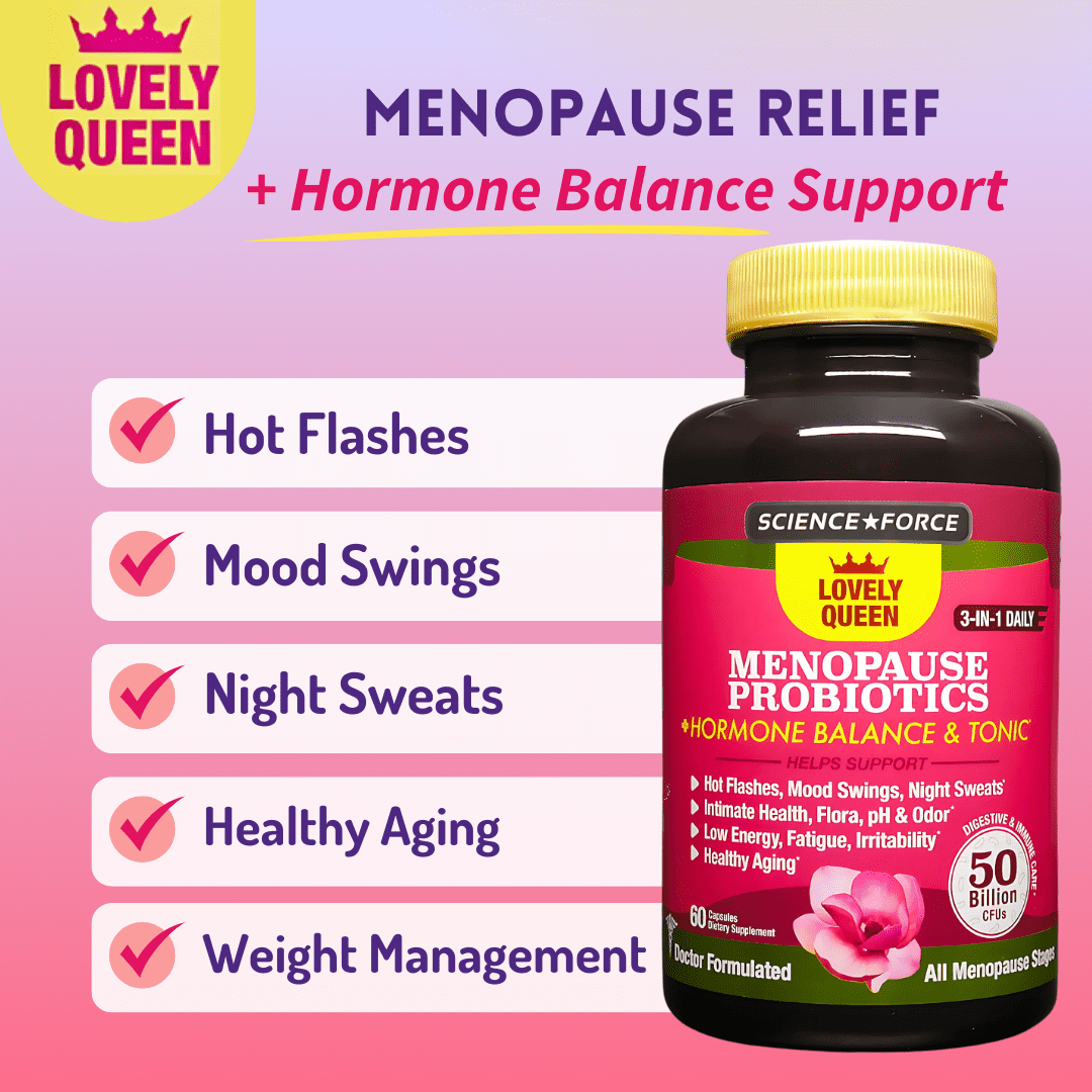 Lovely Queen Menopause Relief + Hormone Balance, Hot Flashes, Mood Swings, Night Sweats + Vaginal Health, Odor, pH & Dryness, 3-in-1 Women Supplement, 50 Billion CFU, 60 ct