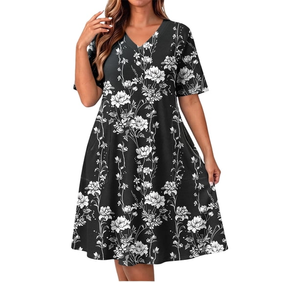 Enjoytime Short Summer Dresses for Women Floral Printed V-Neck Plus Size Dress Casual Short Sleeve Beach Vacation Sundress