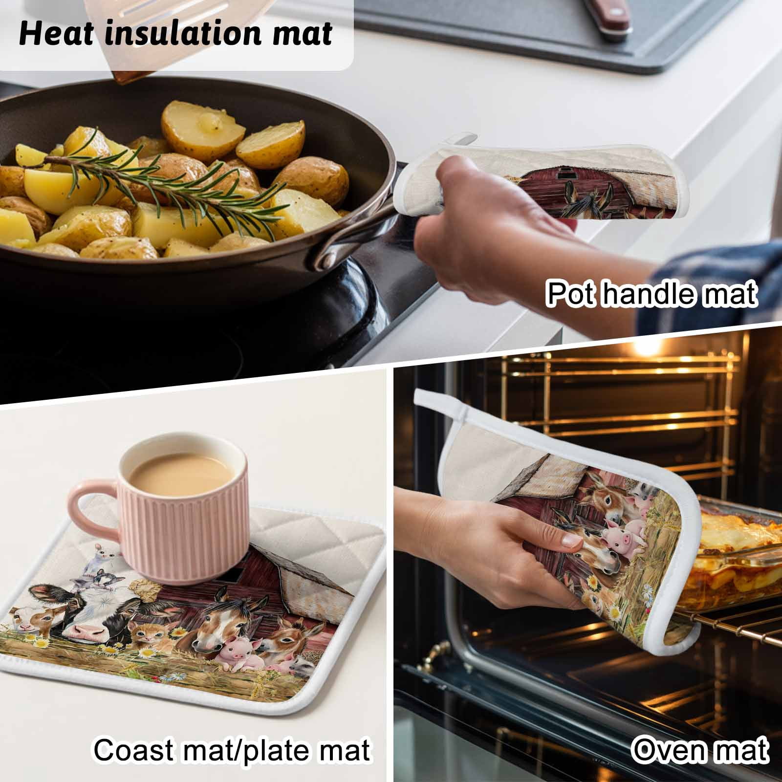Farm Cow Pig Pot Holders for Kitchen Heatproof Potholder, 5 Pack Farmhouse Animals Retro Fench Wood Bran Hot Pads Multipurpose Oven Pads Cloth Potholders Trivet for Cooking Baking