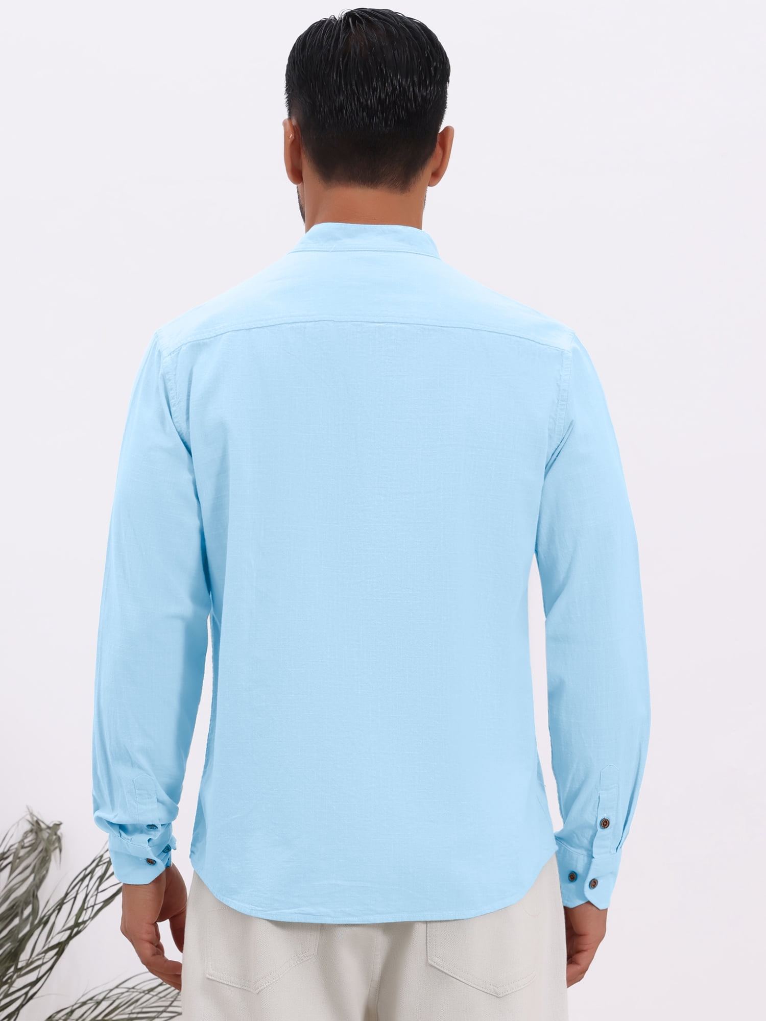 DARING DIVA Men's Stand Collar Long Sleeves Button Down Linen Shirts M Light Blue