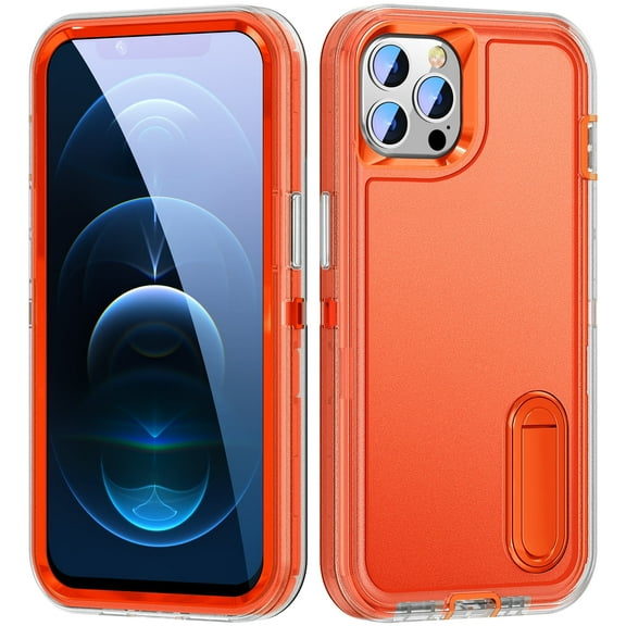 Allytech Rugged Case Compatible with iPhone 12 Pro / 12 6.1" with Hidden Kickstand, [Military Grade Drop Protection] Soft TPU Hard PC Bumper Non-Slip Shockproof Full Protective Case, Orange Clear