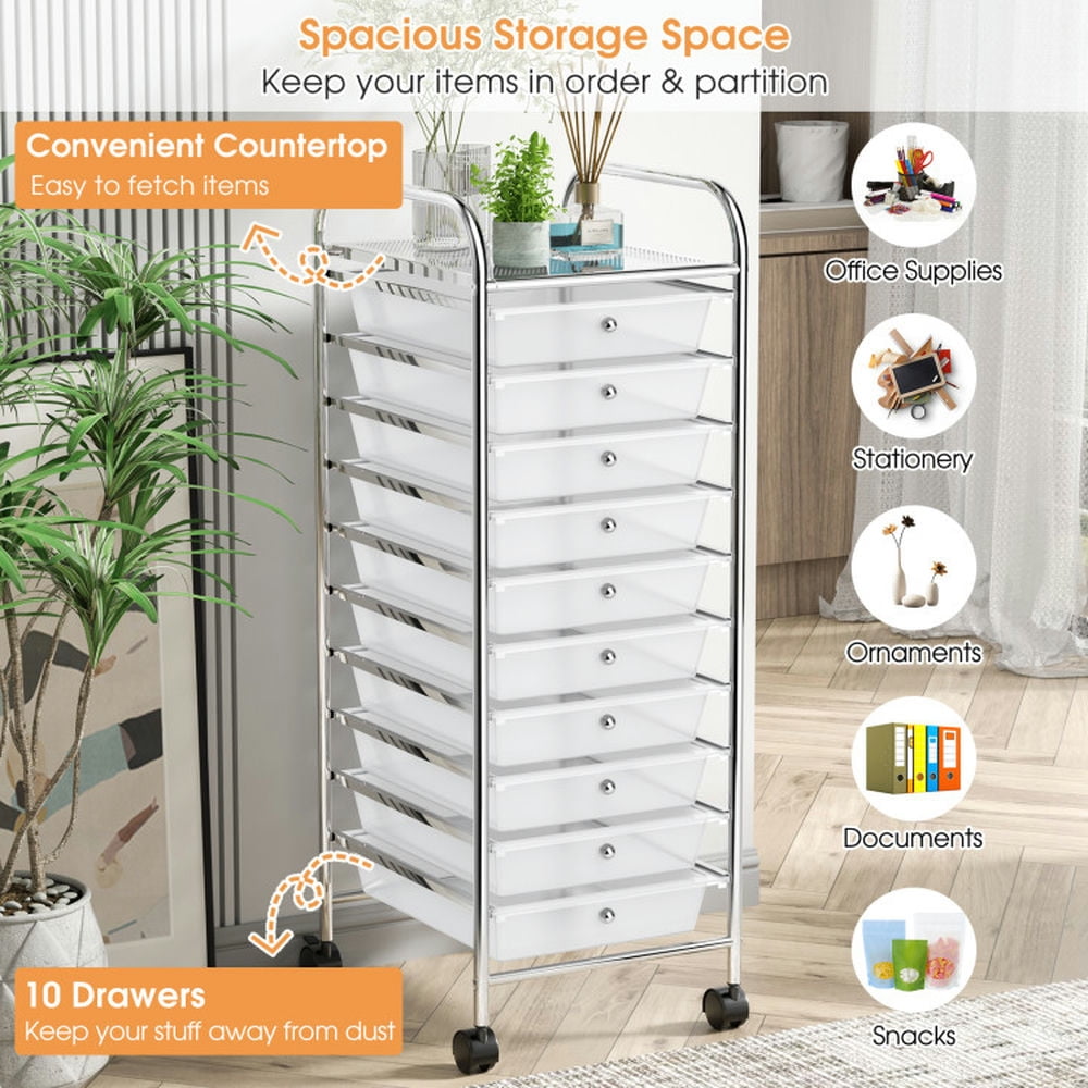 Spaco 10 Drawer Rolling Storage Cart Organizer with 4 Universal Casters-Clear, Craft Organizers and Storage, Multipurpose Organizer Cart for Home, Office, School