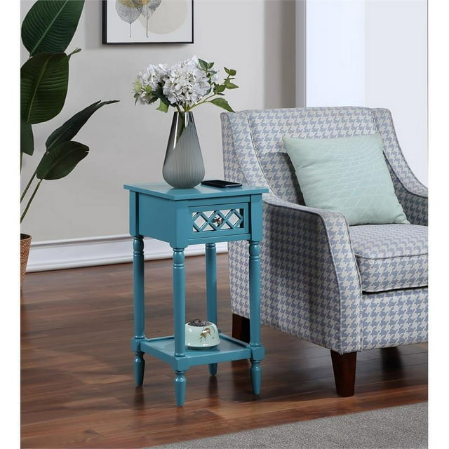 French Country Khloe Deluxe One-Drawer Accent Table with Shelf in Blue Wood