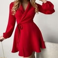 thumbnail image 3 of Pink Season V-Neck Puff Long Sleeve Solid Color Floral Print Women Dress Autumn Lapel Waist Lace-up Office Dress Streetwear, 3 of 8